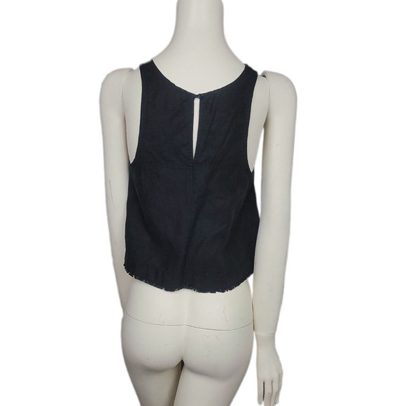 Aritzia Wilfred Black Octave Linen Tank Top Crop Blouse Fray Raw Hem Keyhole XXS - Picture 7 of 12